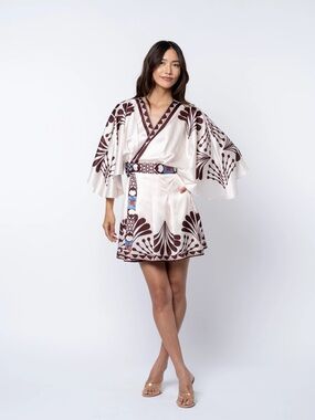 Mini Wrap Dress in Cream with Brown Botanical Print